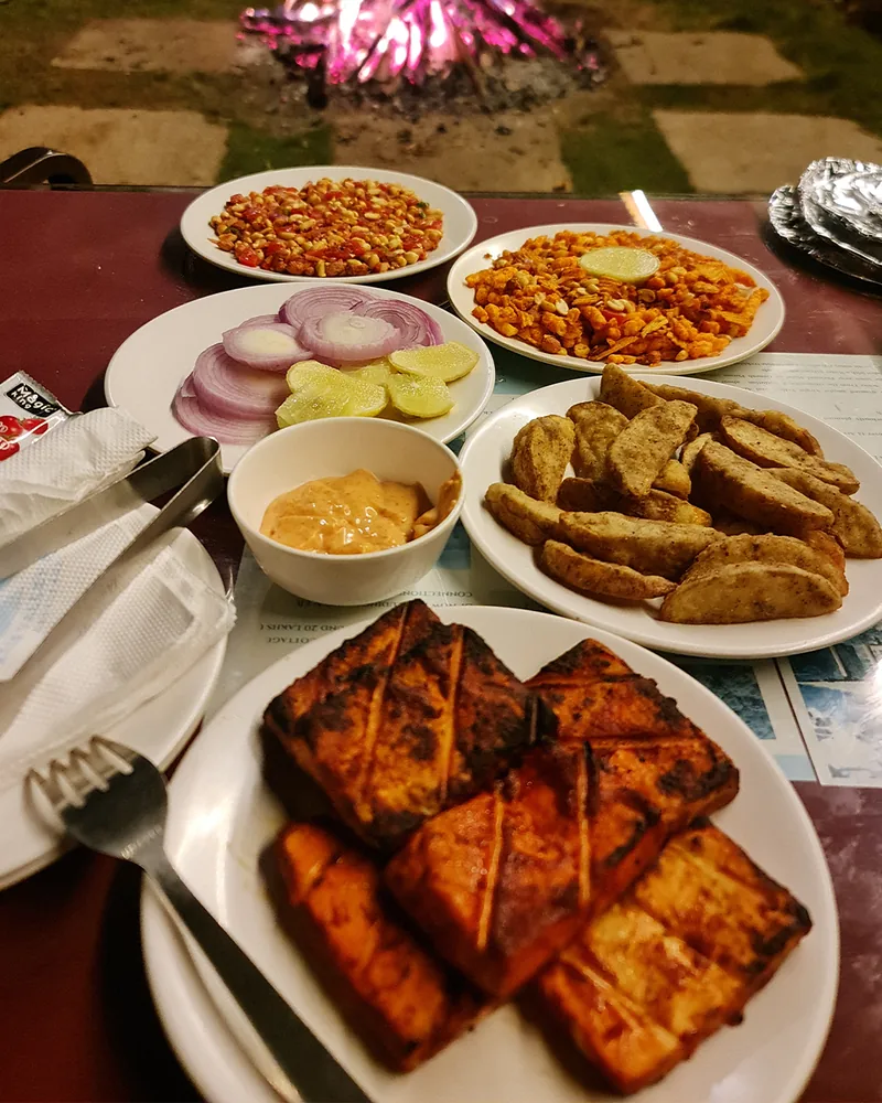 Grilled paneer, potato wedges and snacks served on the table beside the bonfire