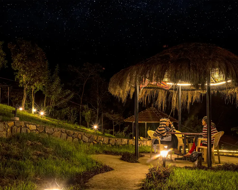 Guests sitting out under a thatched gazebo beneath a sky full of stars
