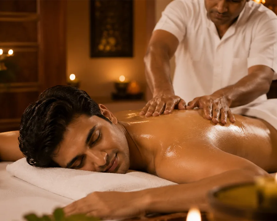 A therapist working warm medicated oil across a guest’s back and shoulders