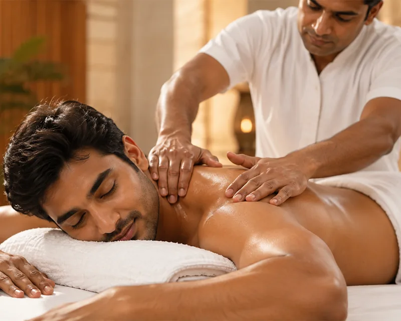 A therapist working warm oil across a guest’s shoulders and back
