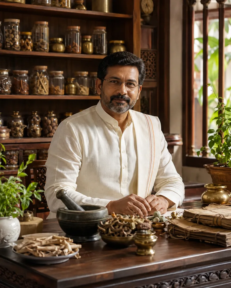 An Ayurvedic physician at a consulting desk, herbs and preparations laid out in front of him