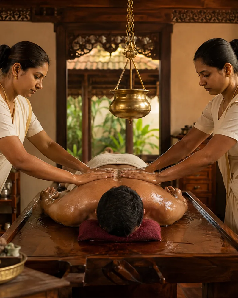 Two therapists working in time on one guest, four hands, under a hanging oil vessel