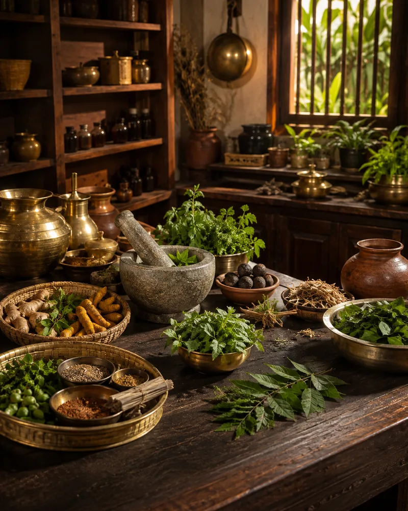 Fresh herbs, roots and spices laid out with a stone mortar and brass vessels
