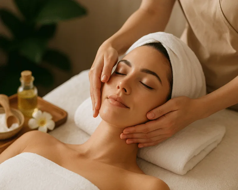 A face and head treatment, oil and a warm towel wrap